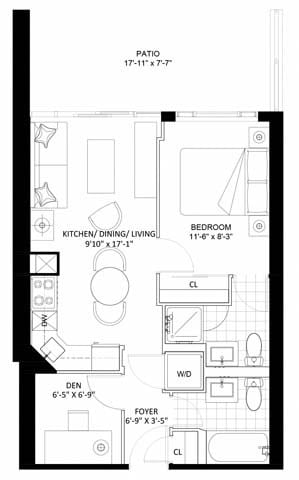 Floor plan for 1 bed, 2 baths, 583 sqft